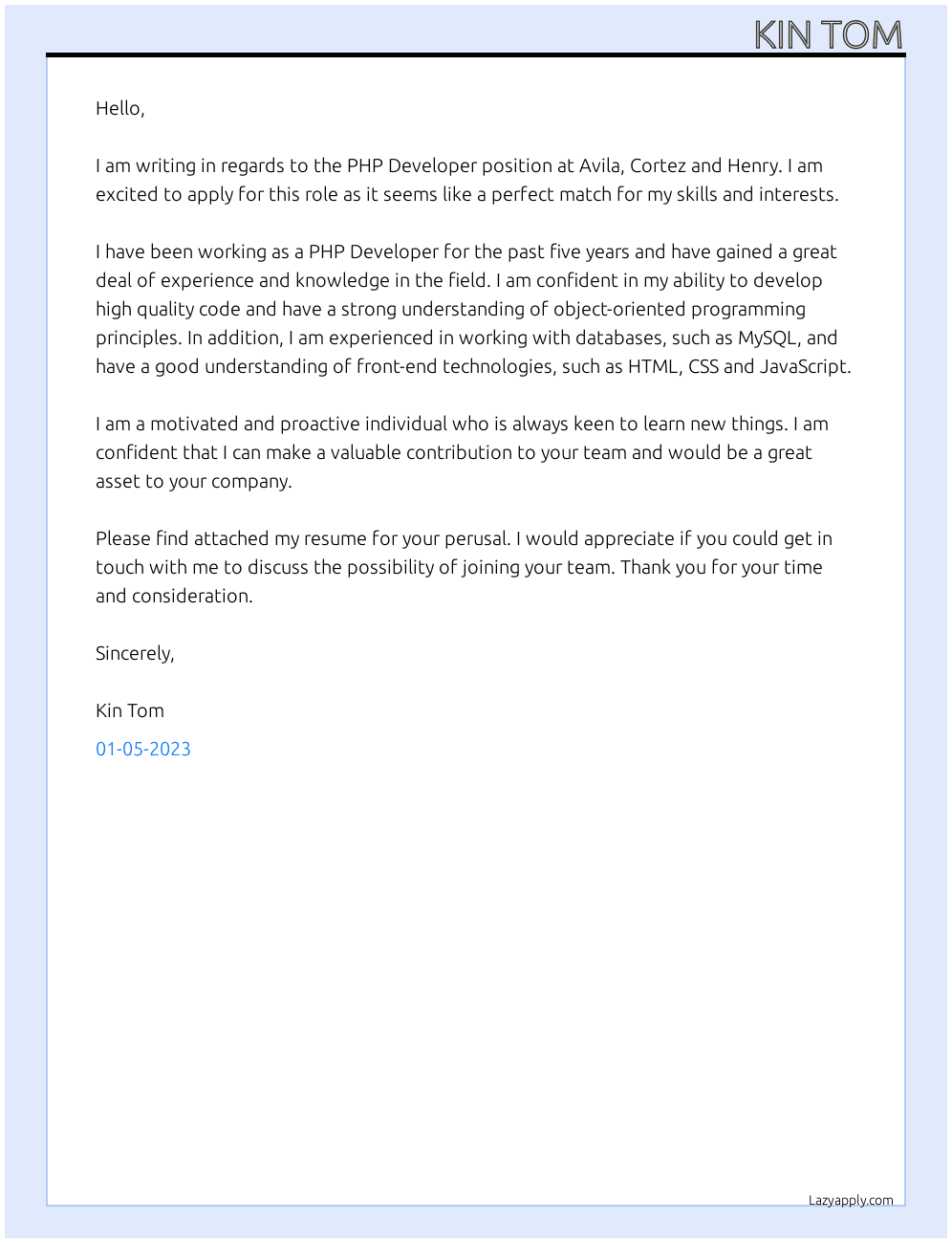 PHP Developer At Avila, Cortez and Henry Cover Letter