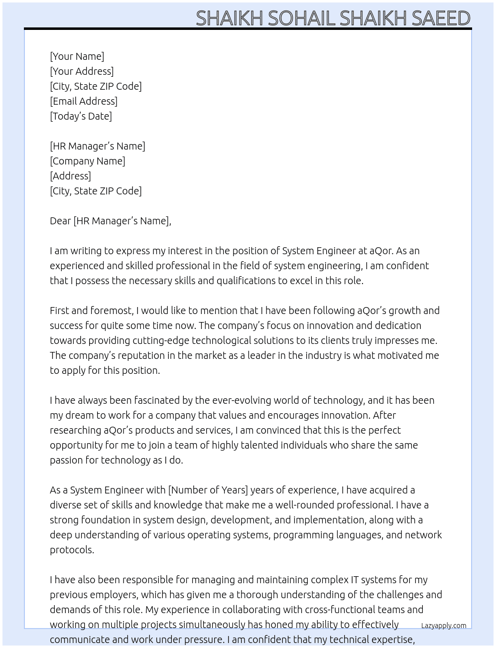 system engineer  At aQor Cover Letter