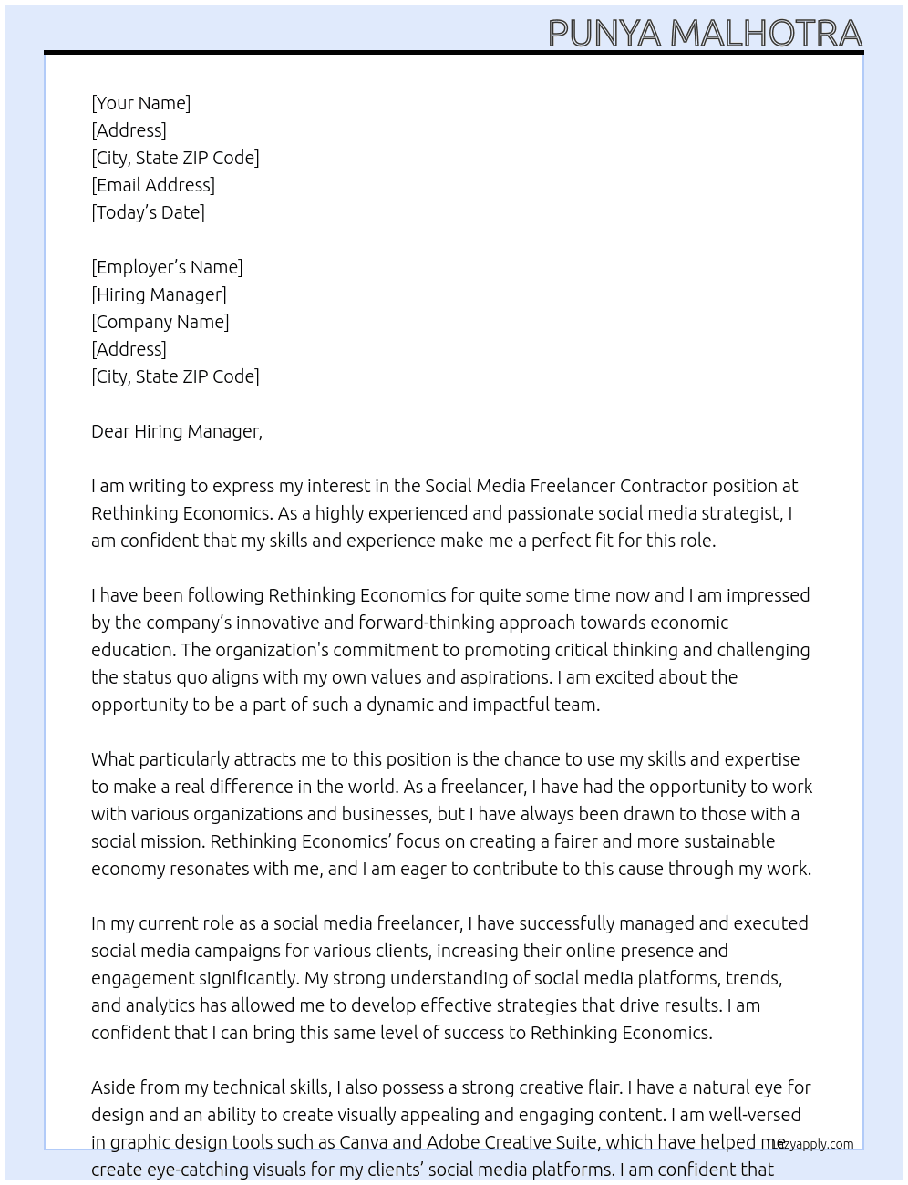 Social Media Freelancer Contractor At Rethinking Economics Cover Letter
