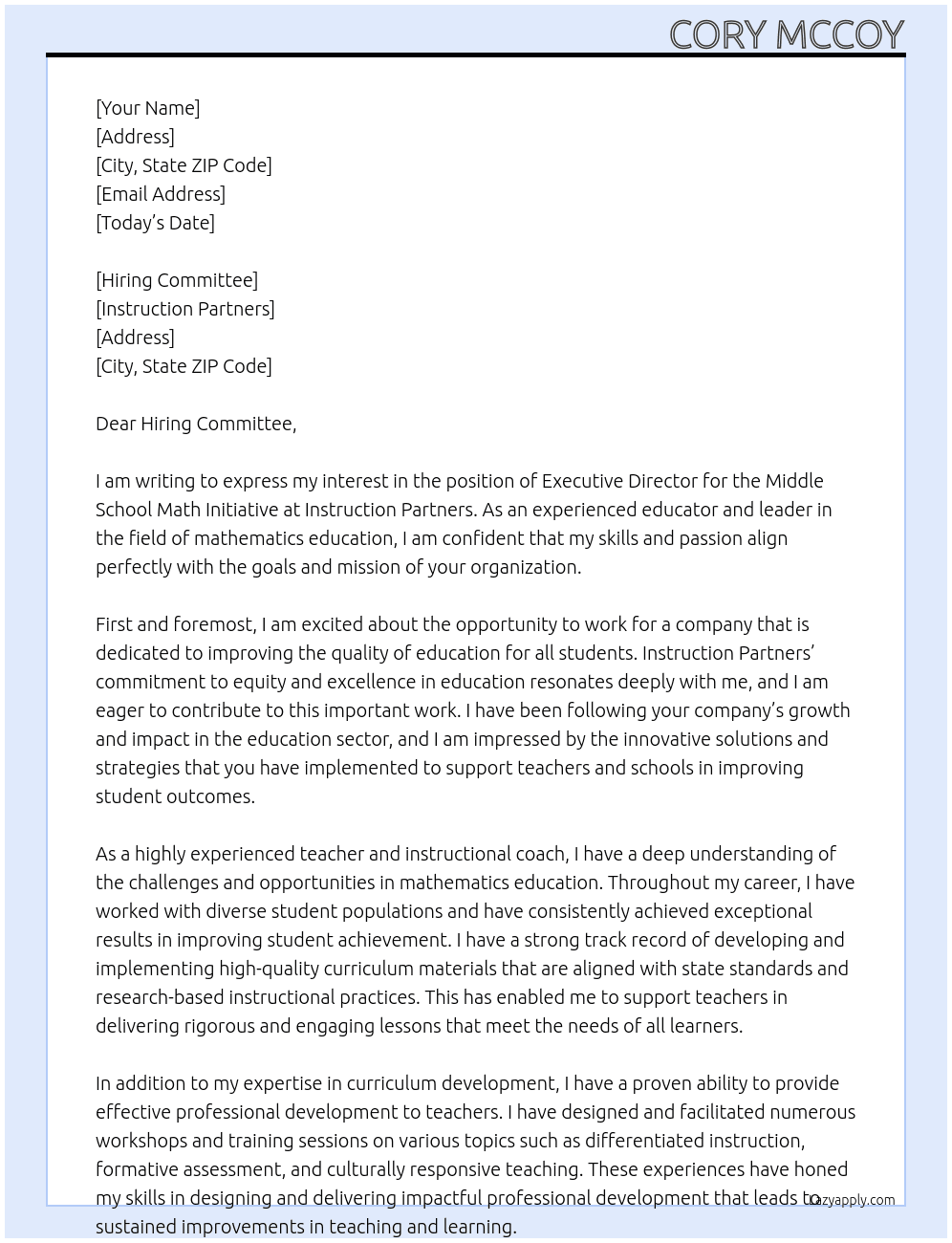 Executive Director, Middle School Math Initiative At Instruction Partners Cover Letter