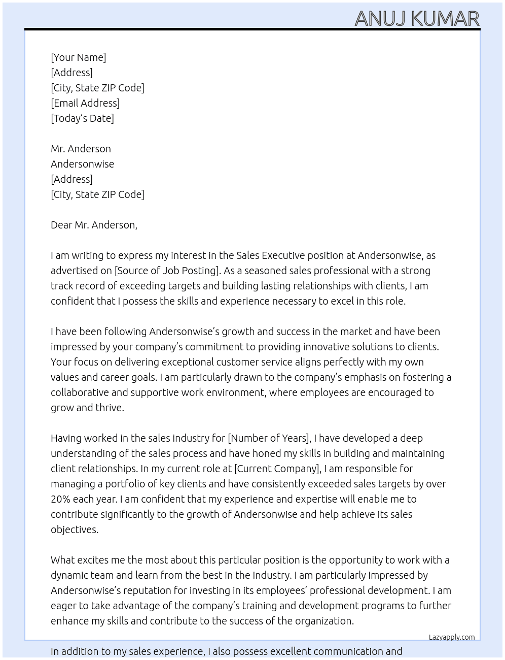 Sales executive  At Andersonwise Cover Letter