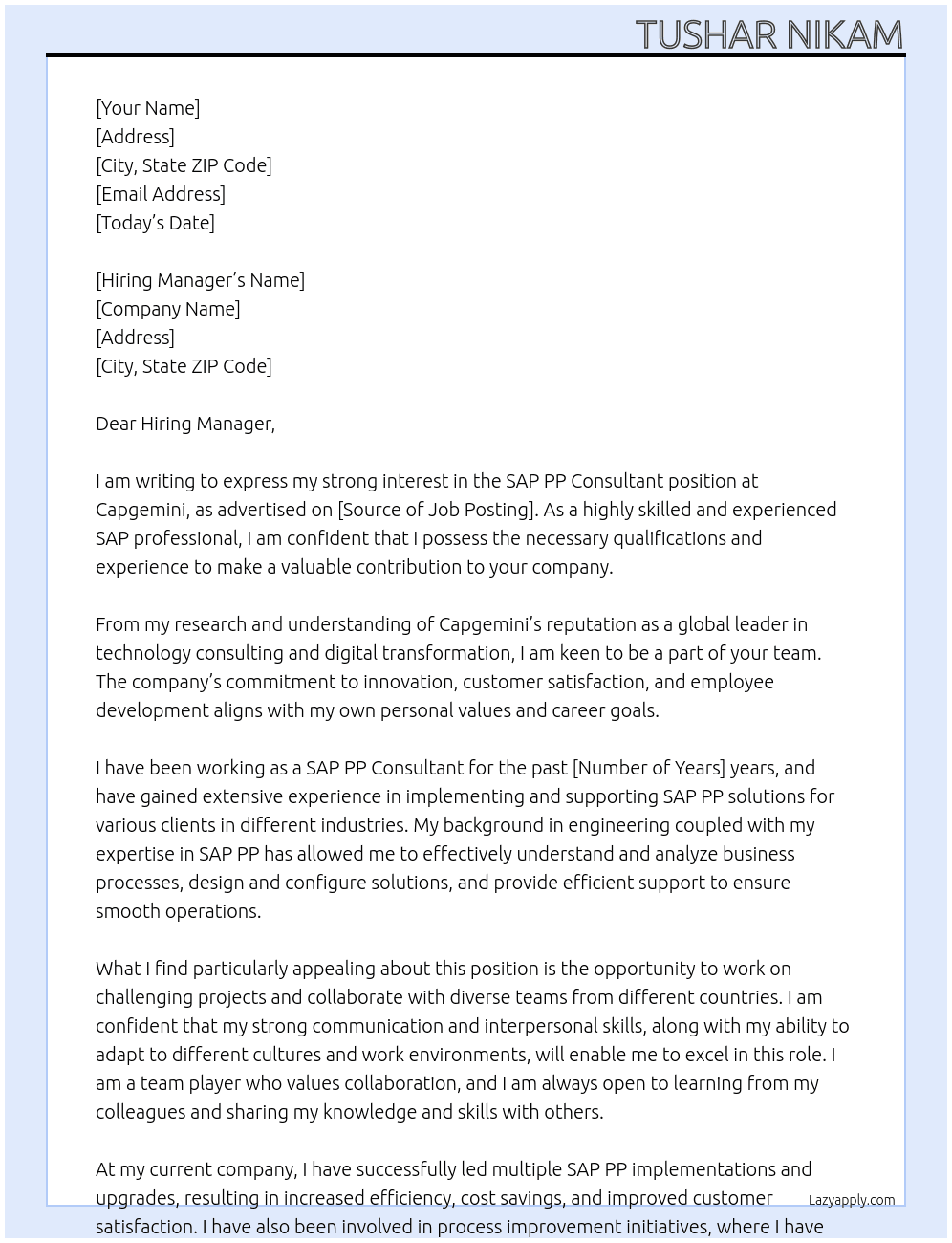 sap pp consultant At Capgemini Cover Letter
