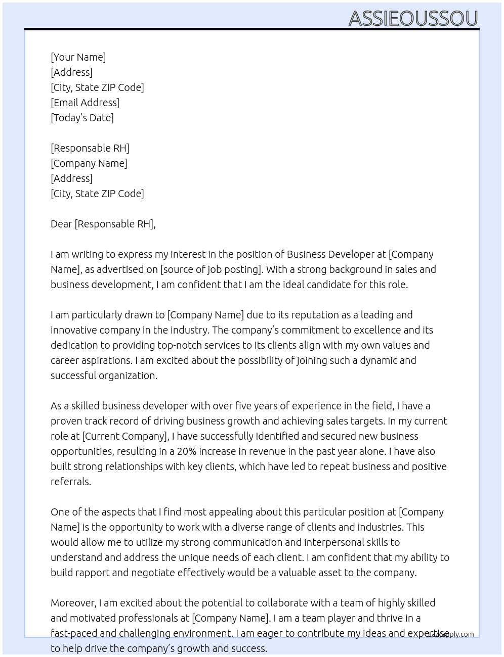 business developer At entreprise Cover Letter
