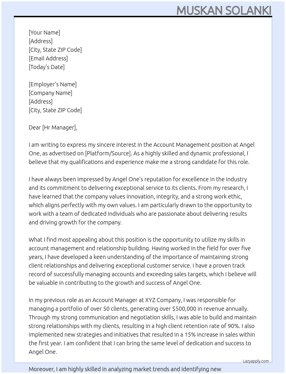 Account management  At Angel one  Cover Letter