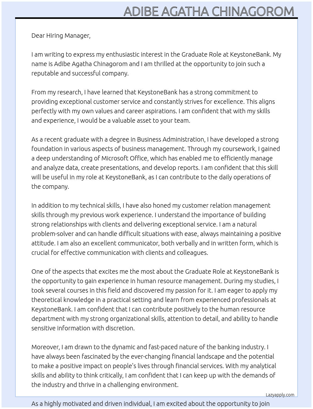 Graduate Role At KeystoneBank Cover Letter