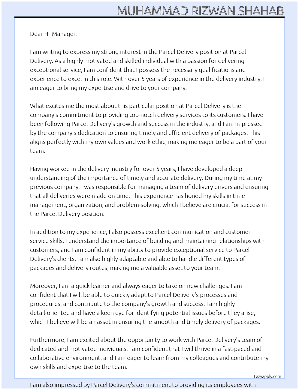 Cover letter for parcel delivery - LazyApply