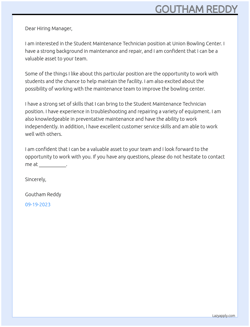 Union Bowling Center Student Maintenance Technician At university of central missouti Cover Letter