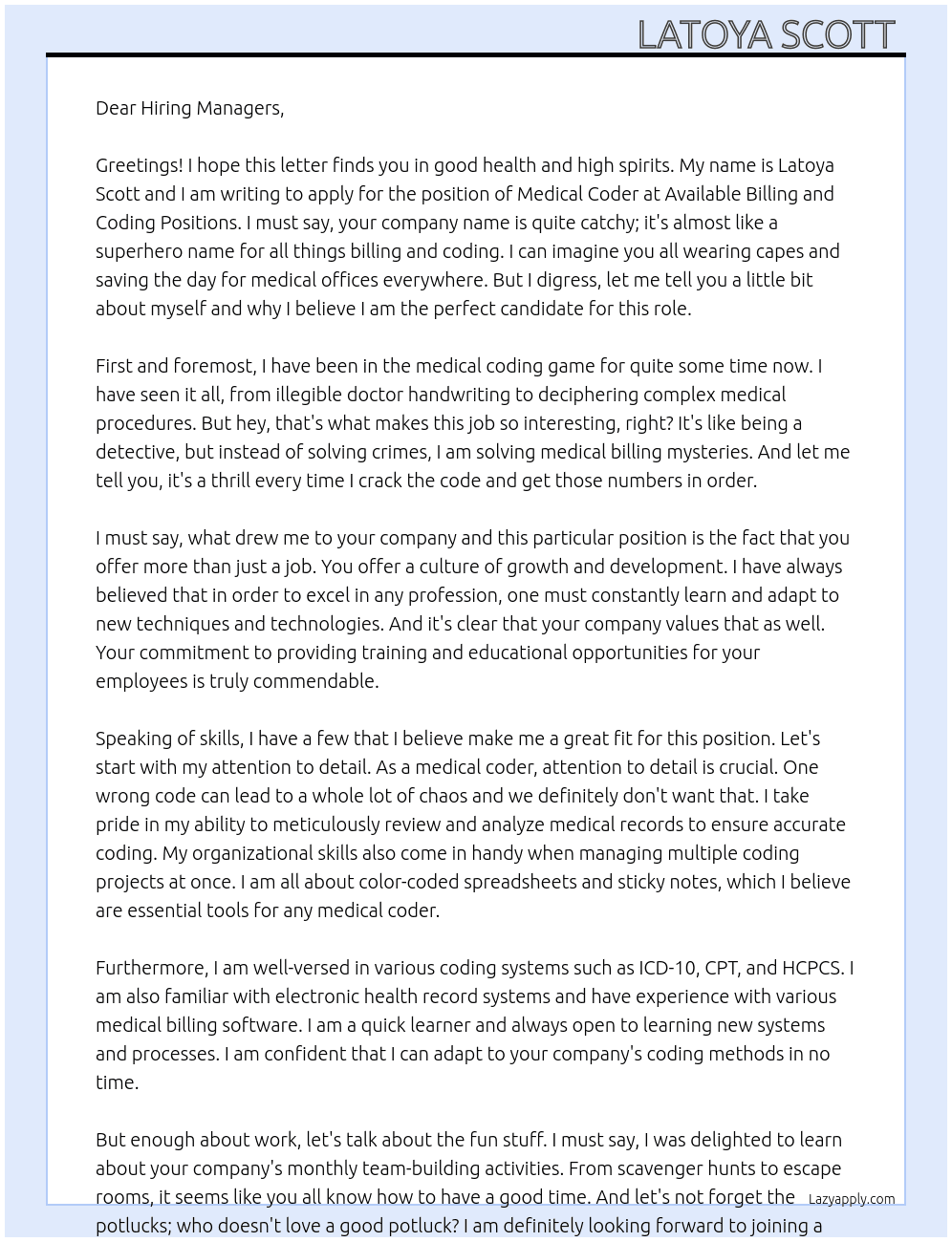 Medical Coder At Available Billing and Coding Positions  Cover Letter