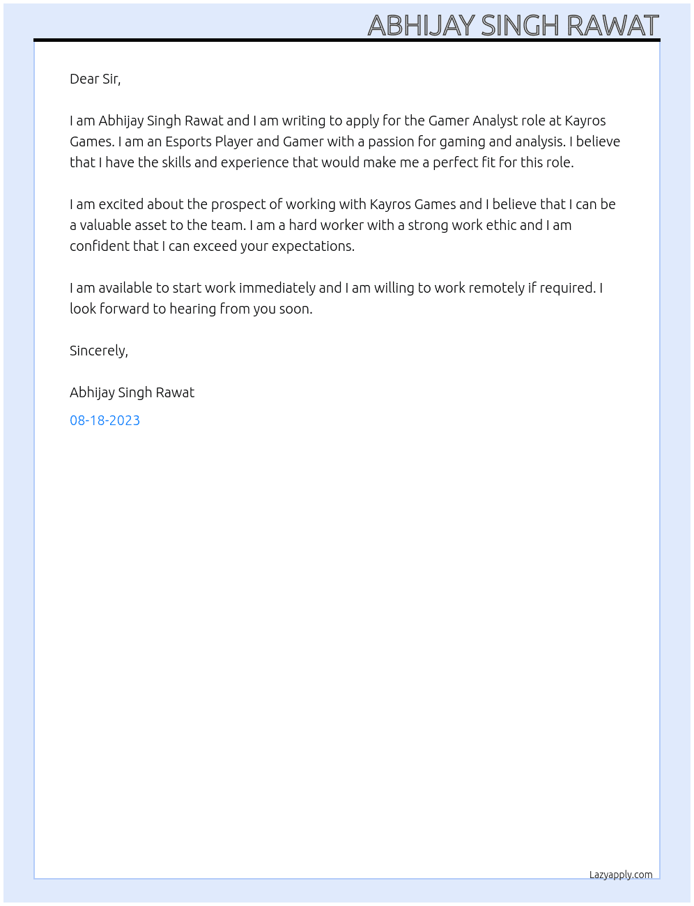 Gamer Analyst At Kayros Games Cover Letter