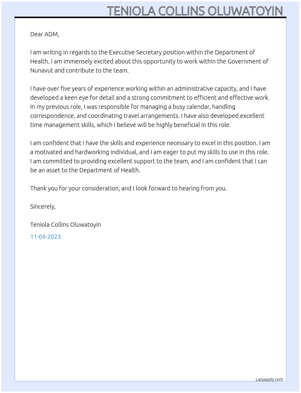 Executive Secretary At Government of Nunavut Cover Letter