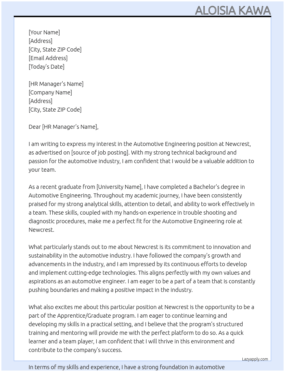 Automotive Engineering  At Newcrest Cover Letter