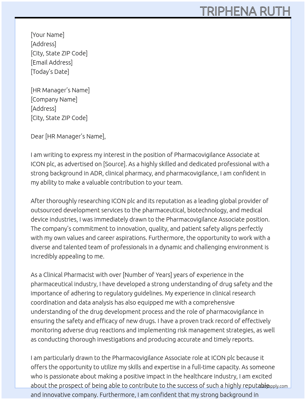 Pharmacovigilance Associate At ICON plc Cover Letter