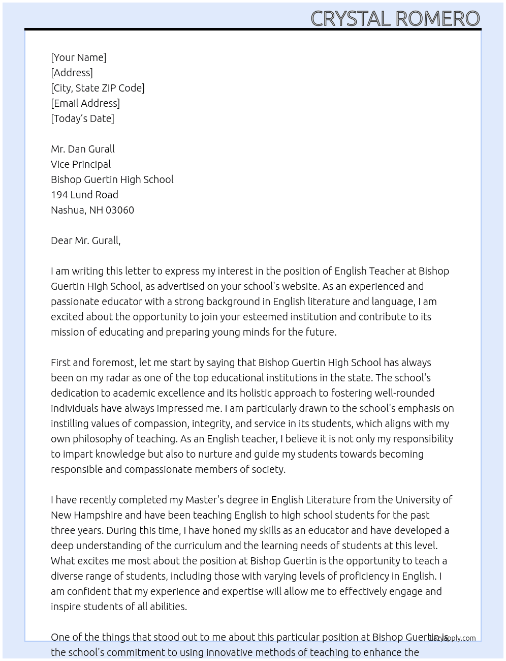 English Teacher At Bishop Guertin High School Cover Letter