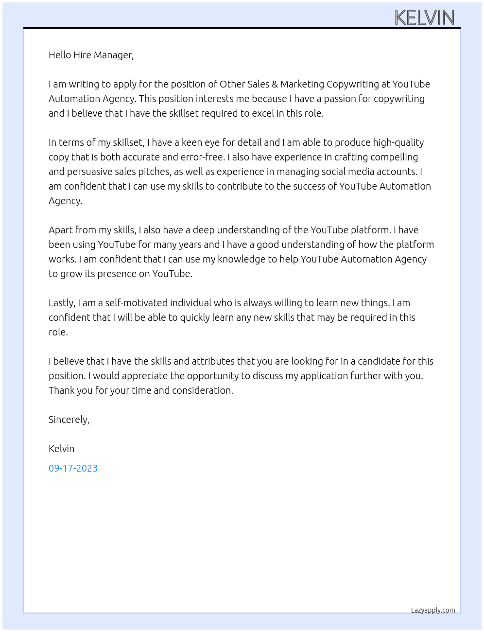 Other Sales & Marketing Copywriting At YouTube Automation agency Cover Letter