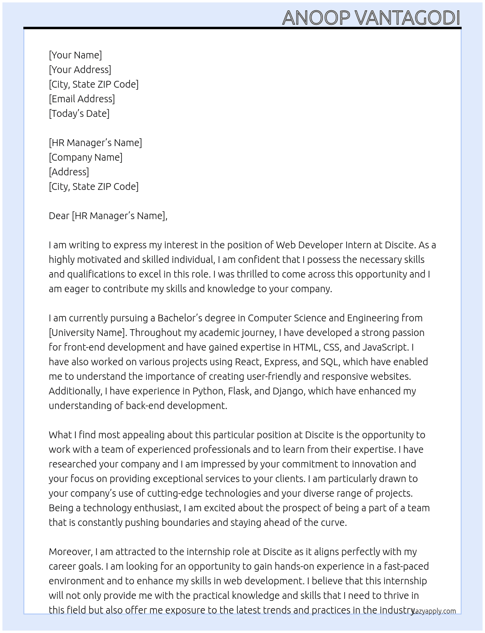 Web developer intern At Discite Cover Letter