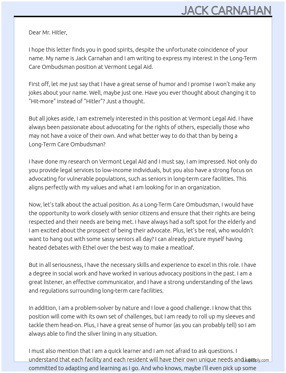 Long-Term Care Ombudsman At Vermont Legal Aid Cover Letter