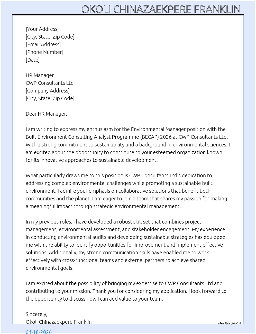 Cover letter for environmental manager - LazyApply