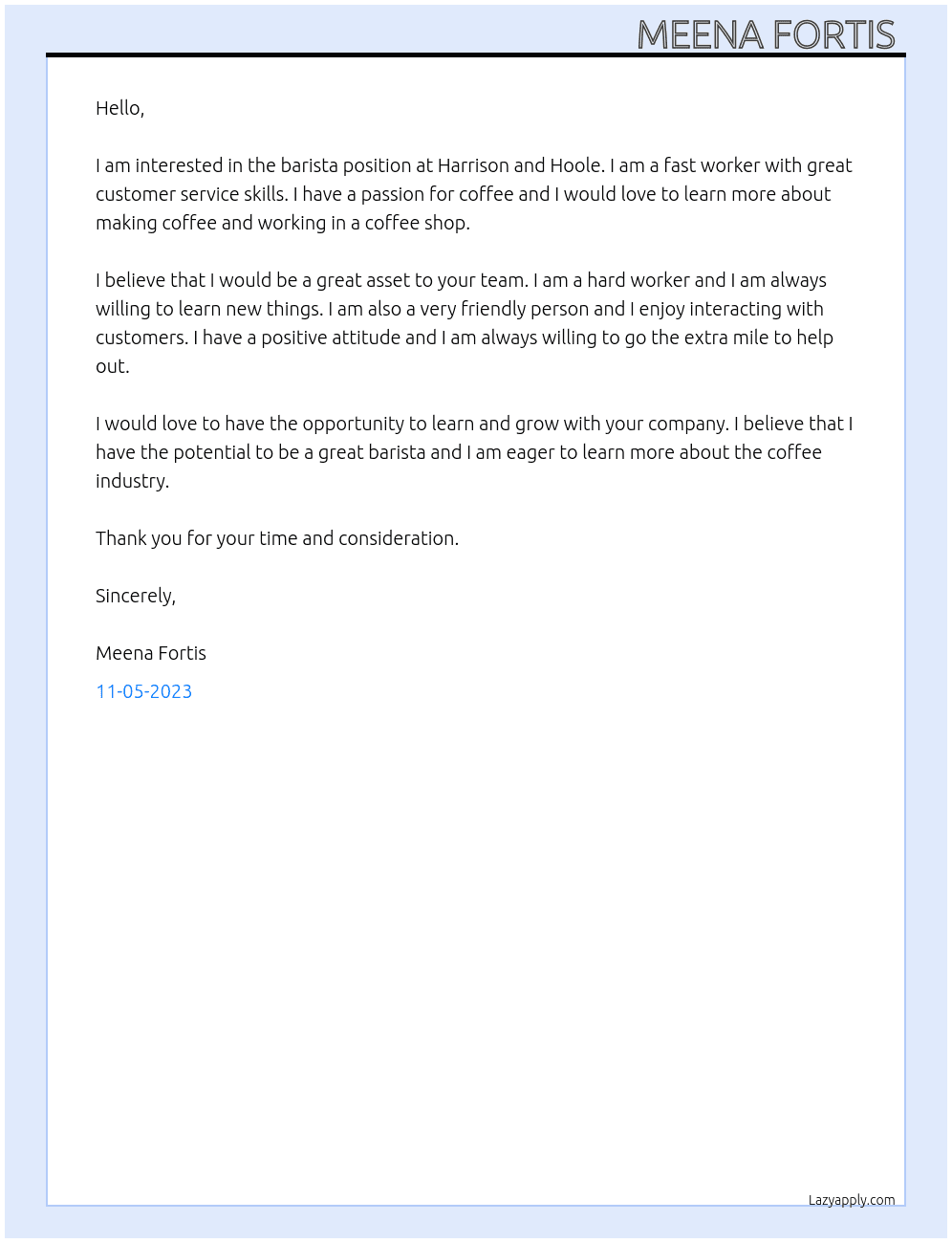 Barista  At Harrison and Hoole Cover Letter
