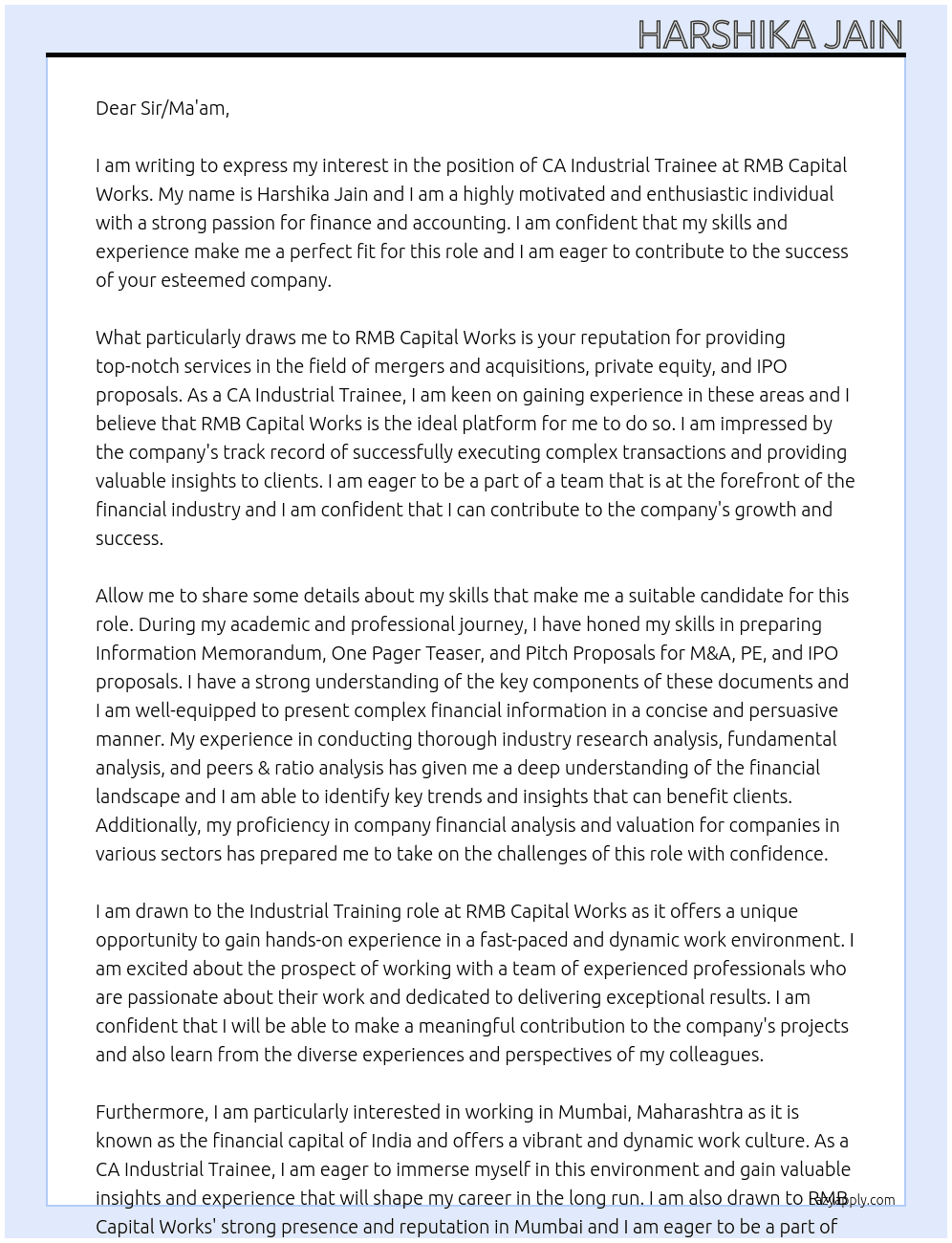 CA Industrial trainee  At RMB Capital works  Cover Letter