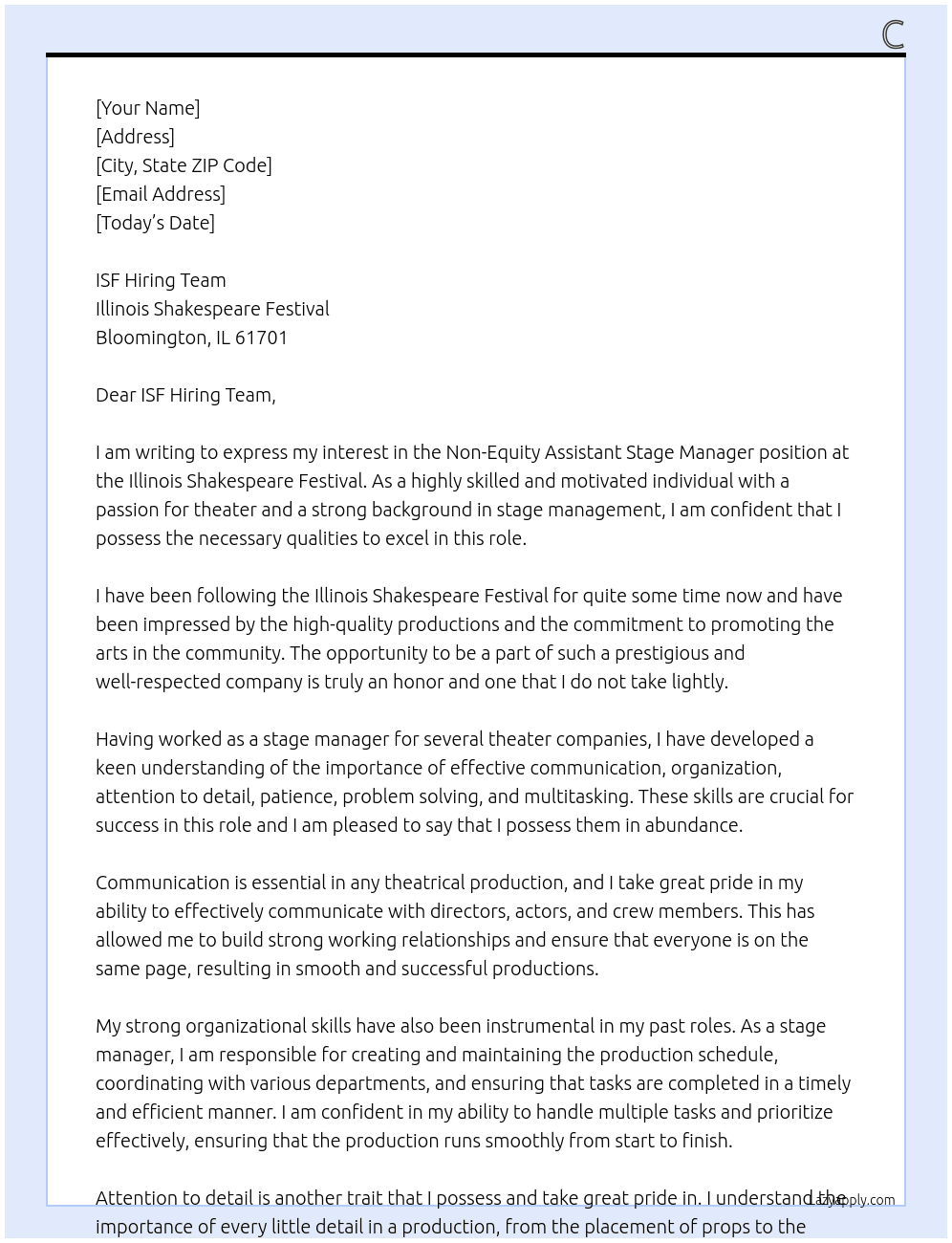 Non-Equity Assistant Stage Manager At Illinois Shakespeare Festival Cover Letter