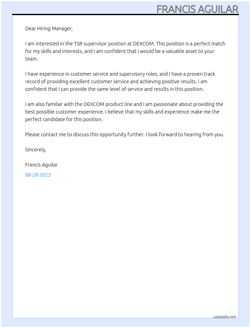 TSR supervisor At DEXCOM Cover Letter