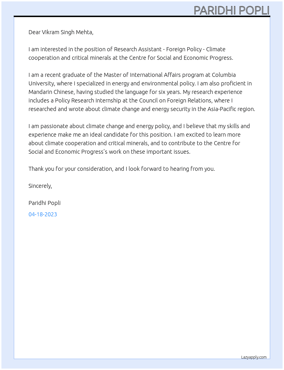 Research Assistant - Foreign Policy - Climate cooperation and critical minerals At Centre for Social and Economic Progress Cover Letter