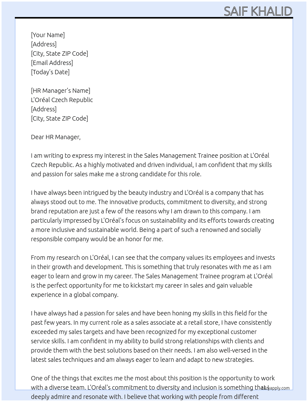 Sales Management trainee At L'Oréal Czech Republic Cover Letter