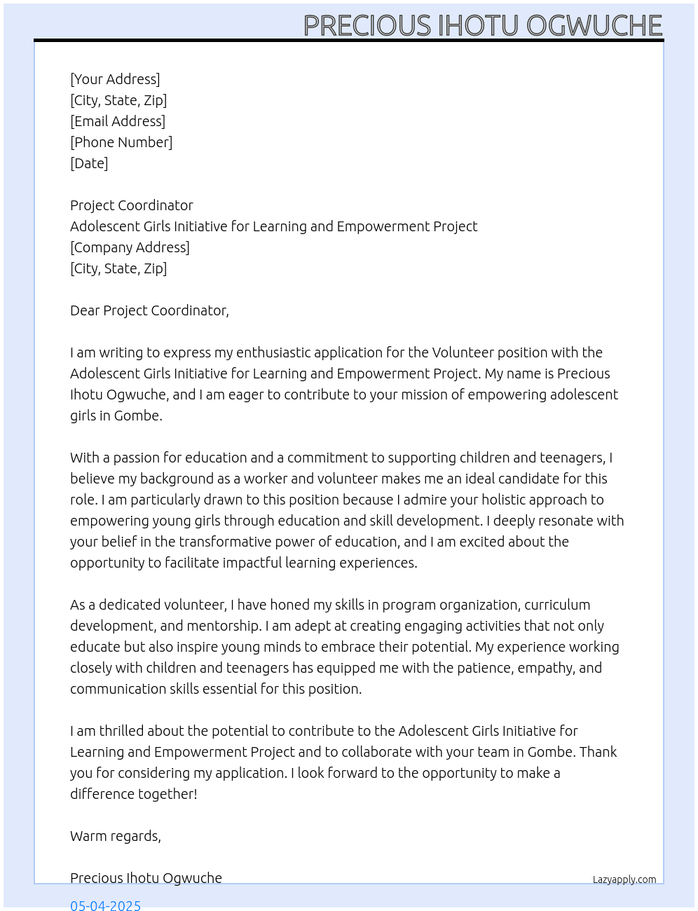 Volunteer  At Adolescent Girls Initiative for Learning and Empowerment project  Cover Letter