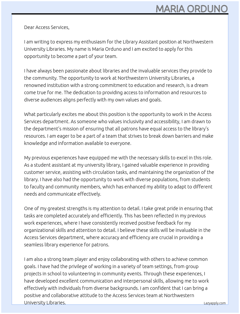 library assistant At Northwestern Univerisity Libraries Cover Letter