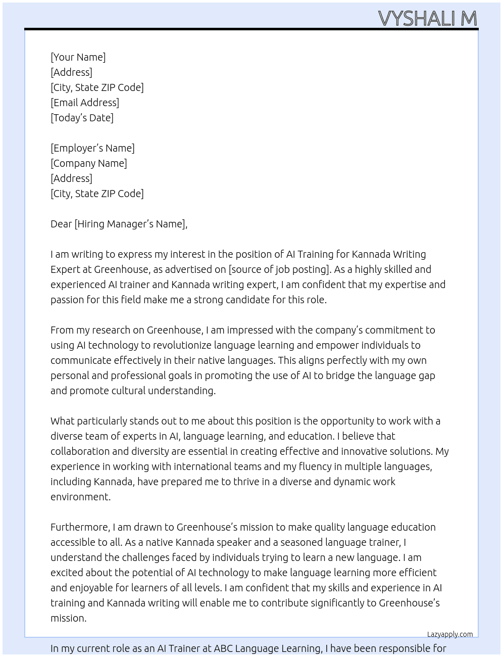 AI training for kannada writing expert At greenhouse Cover Letter