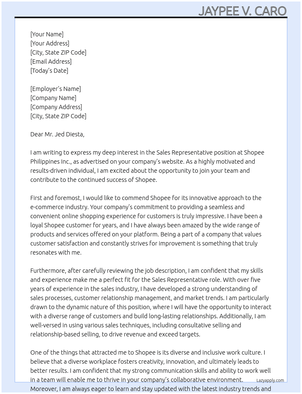 Sales Representative  At Shopee Philippines Inc. Cover Letter