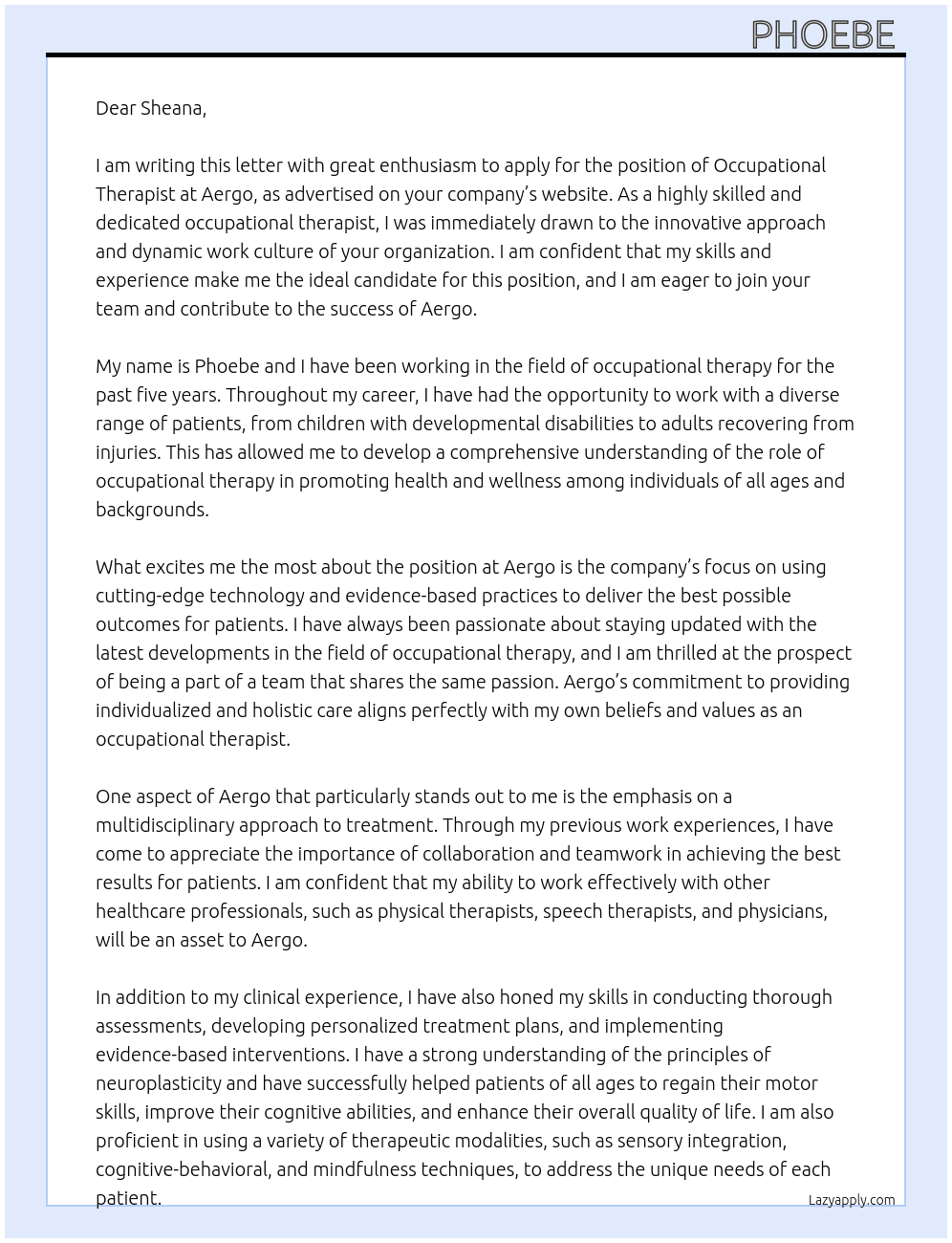 occupational therapy  At Aergo Cover Letter