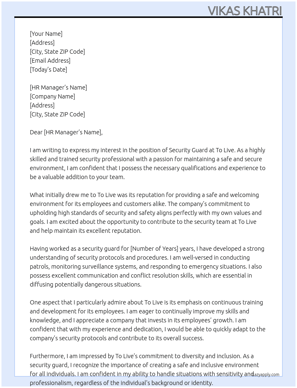 security guard At To Live Cover Letter