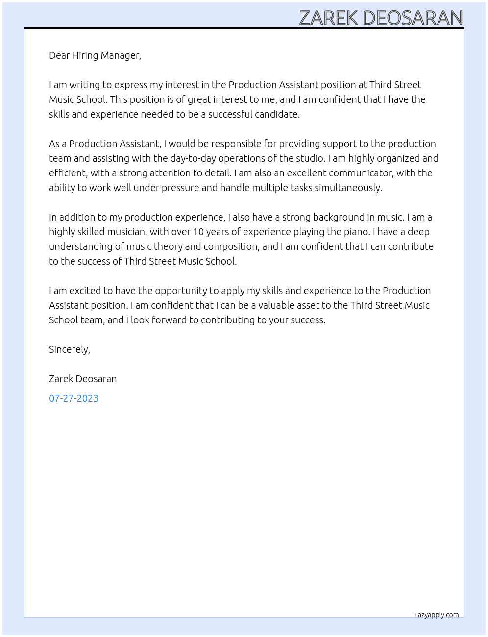 Production Assistant At Third Street Music School Cover Letter