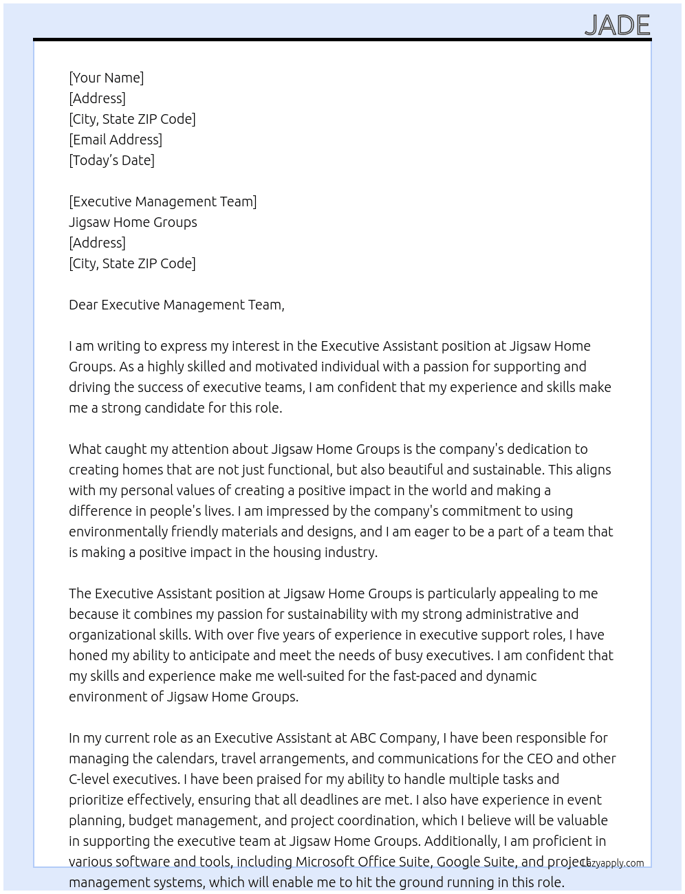 Executive Assistant At Jigsaw Home Groups Cover Letter