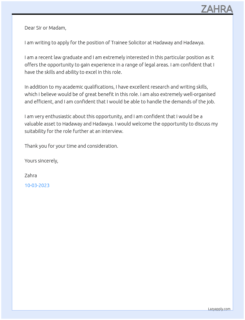 Trainee Solicitor At Hadaway and Hadawya Cover Letter