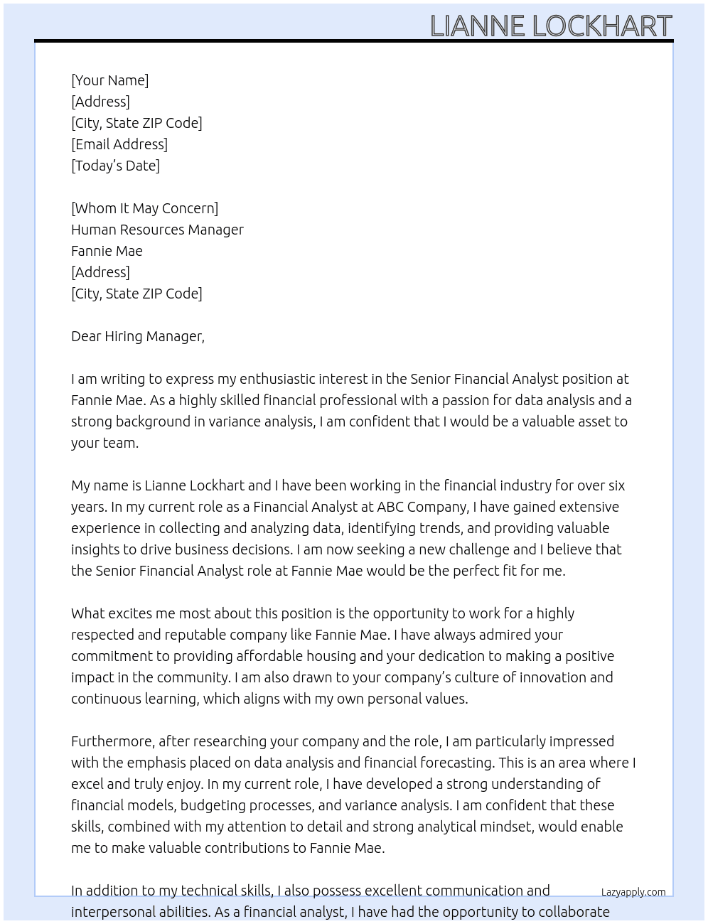 Sr. Financial Analyst At Fannie Mae Cover Letter