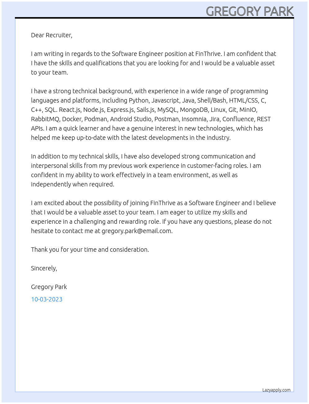 Software Engineer At FinThrive Cover Letter