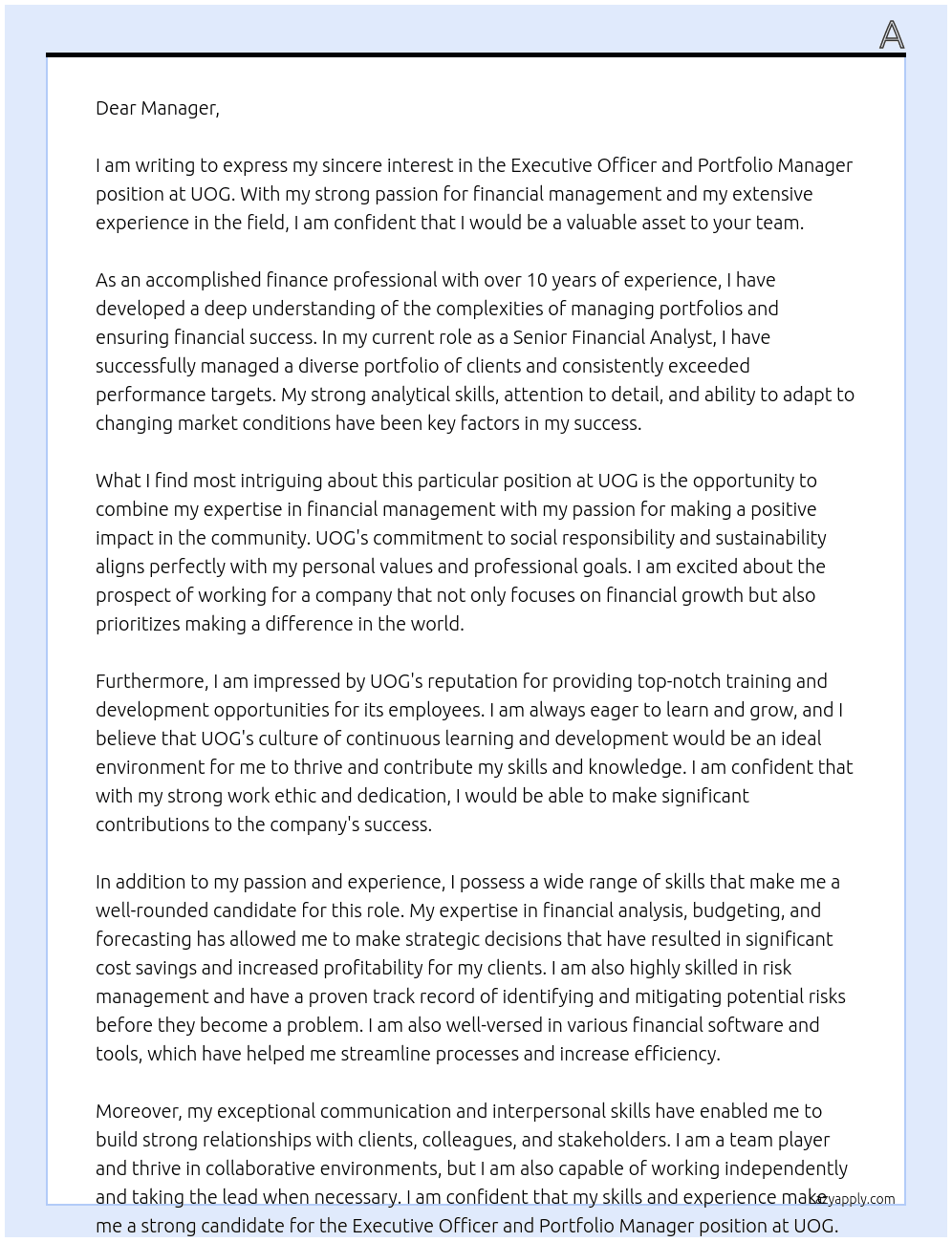  Executive Officer and Portfolio Manager At UOG Cover Letter
