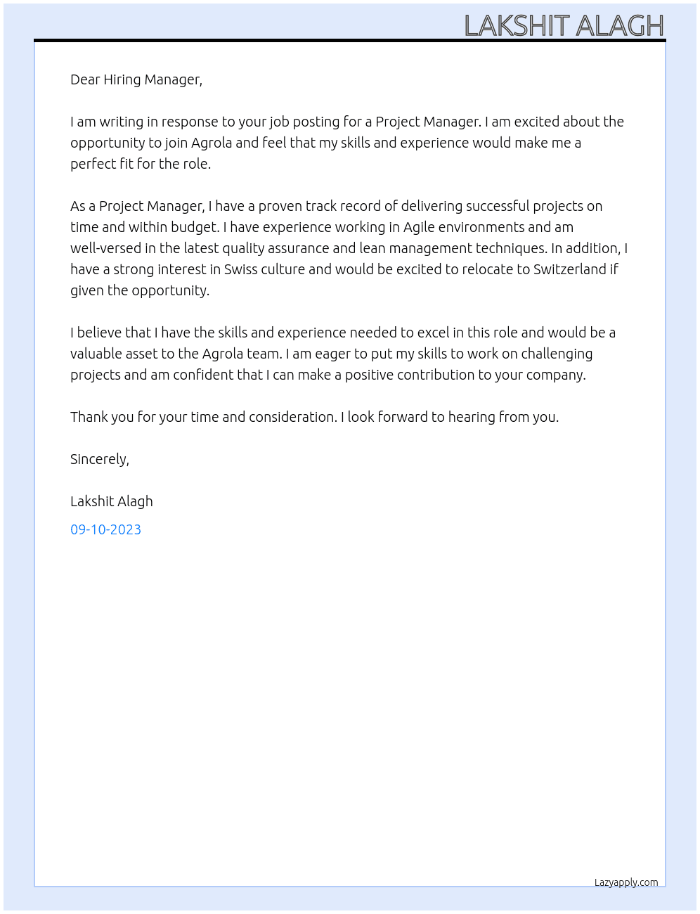 Project Manager At Agrola Cover Letter
