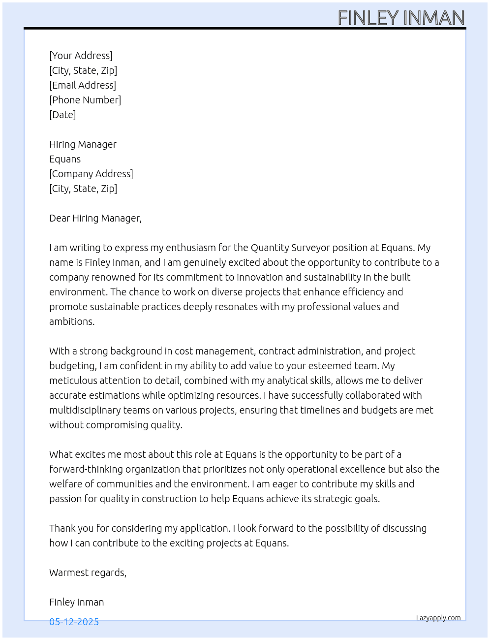 quantity surveyor At Equans Cover Letter