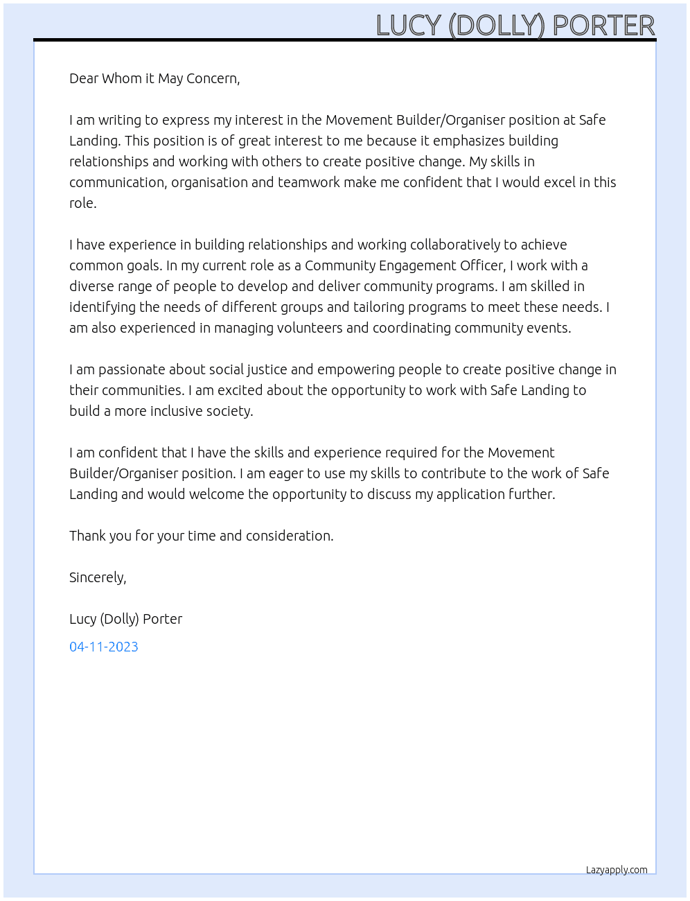 Movement Builder/ Organiser At Safe Landing Cover Letter