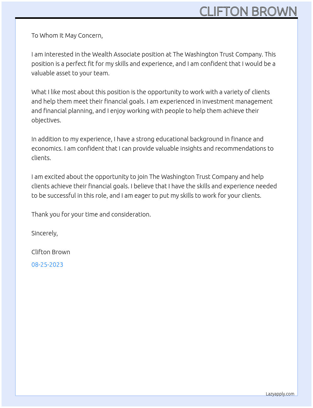 Wealth Associate At The Washington Trust Company Cover Letter