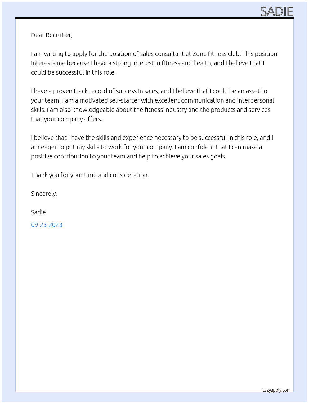 sales consultant  At Zone fitness club Cover Letter