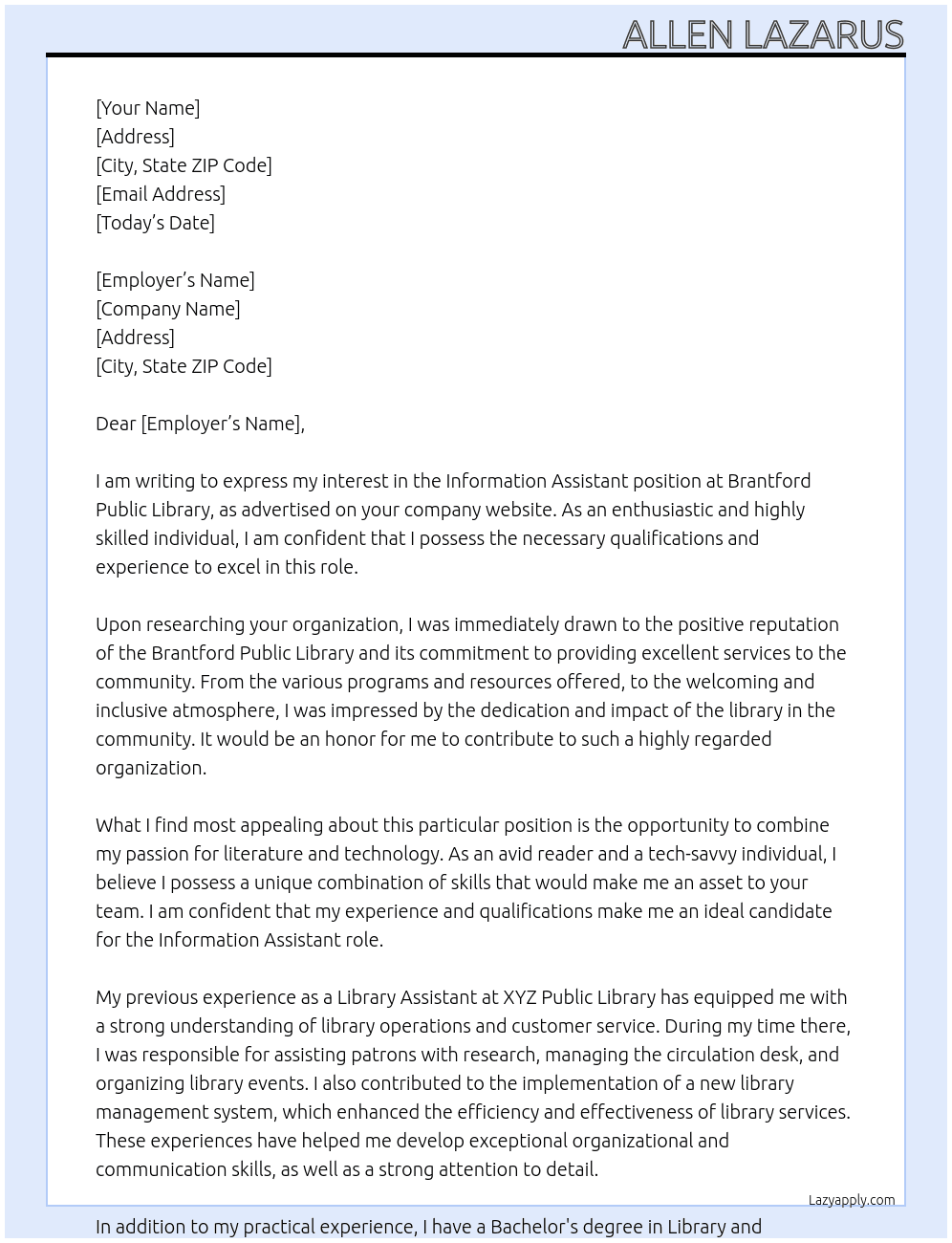 Information Assistant At Brantford Public Library Cover Letter