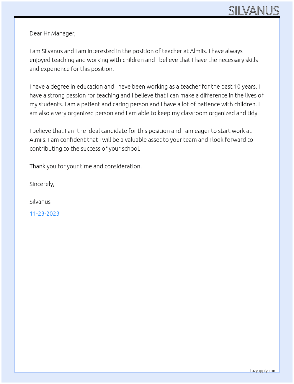 teacher At Almiis Cover Letter