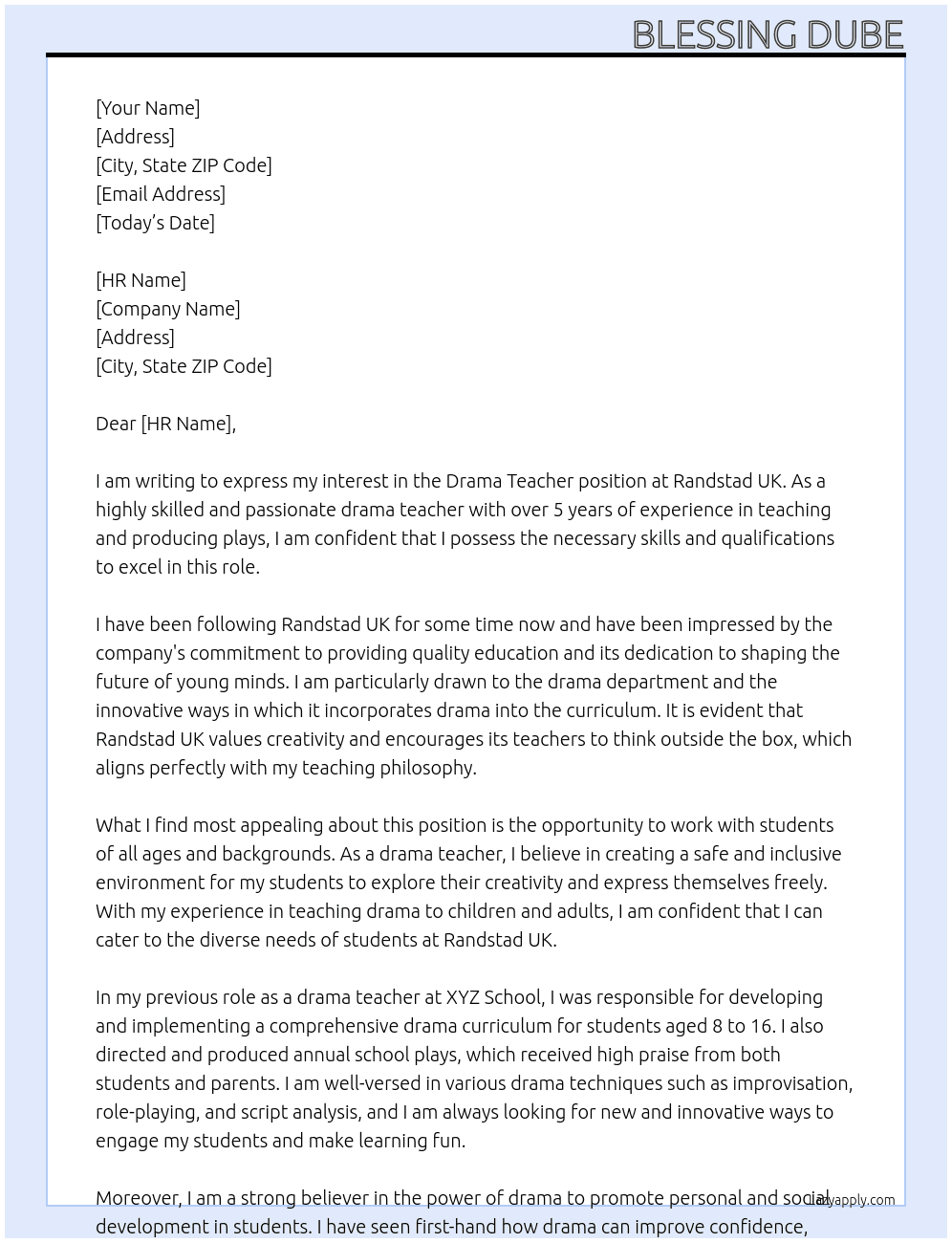 Drama Teacher  At Randstad Uk Cover Letter