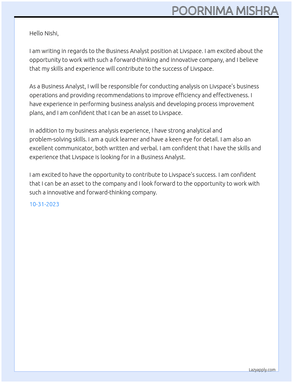 Business Analyst  At Livspace Cover Letter