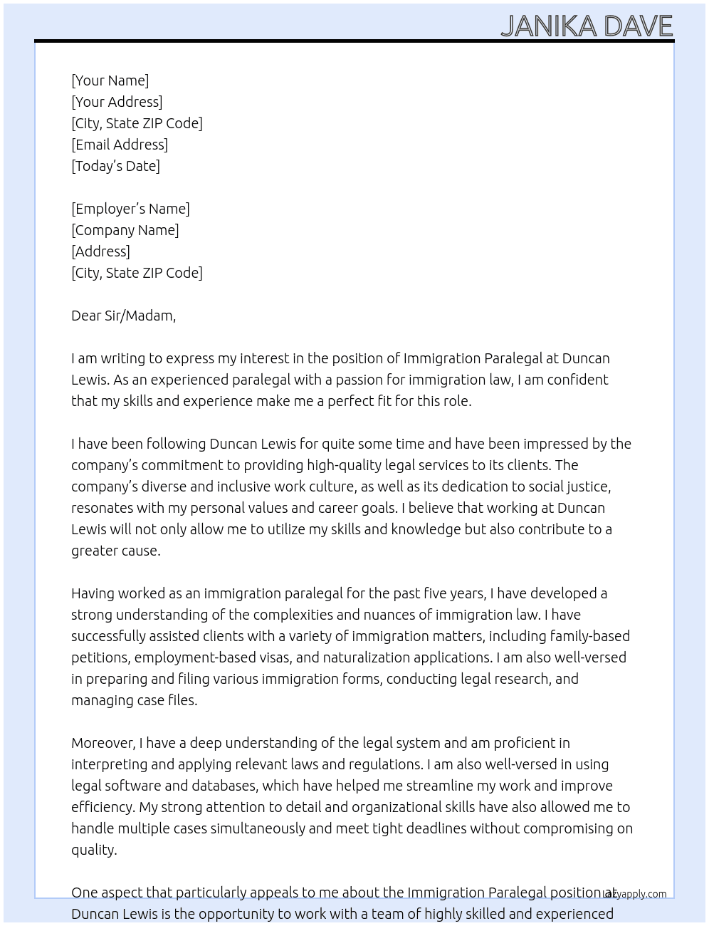 Immigration Paralegal At Duncan Lewis Cover Letter
