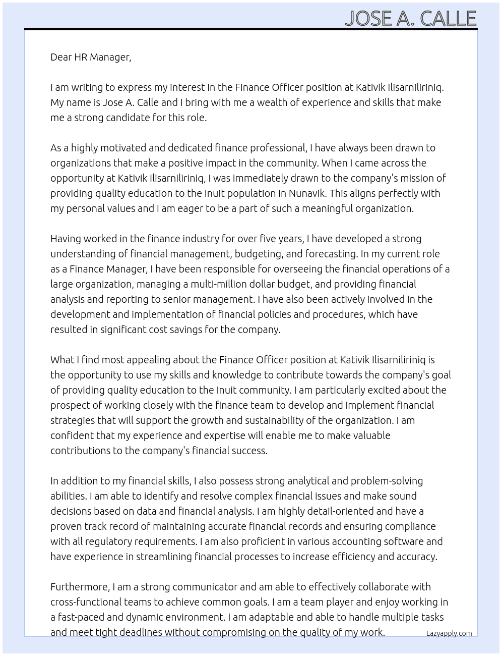 Finance Officer At kativik ilisarniliriniq Cover Letter